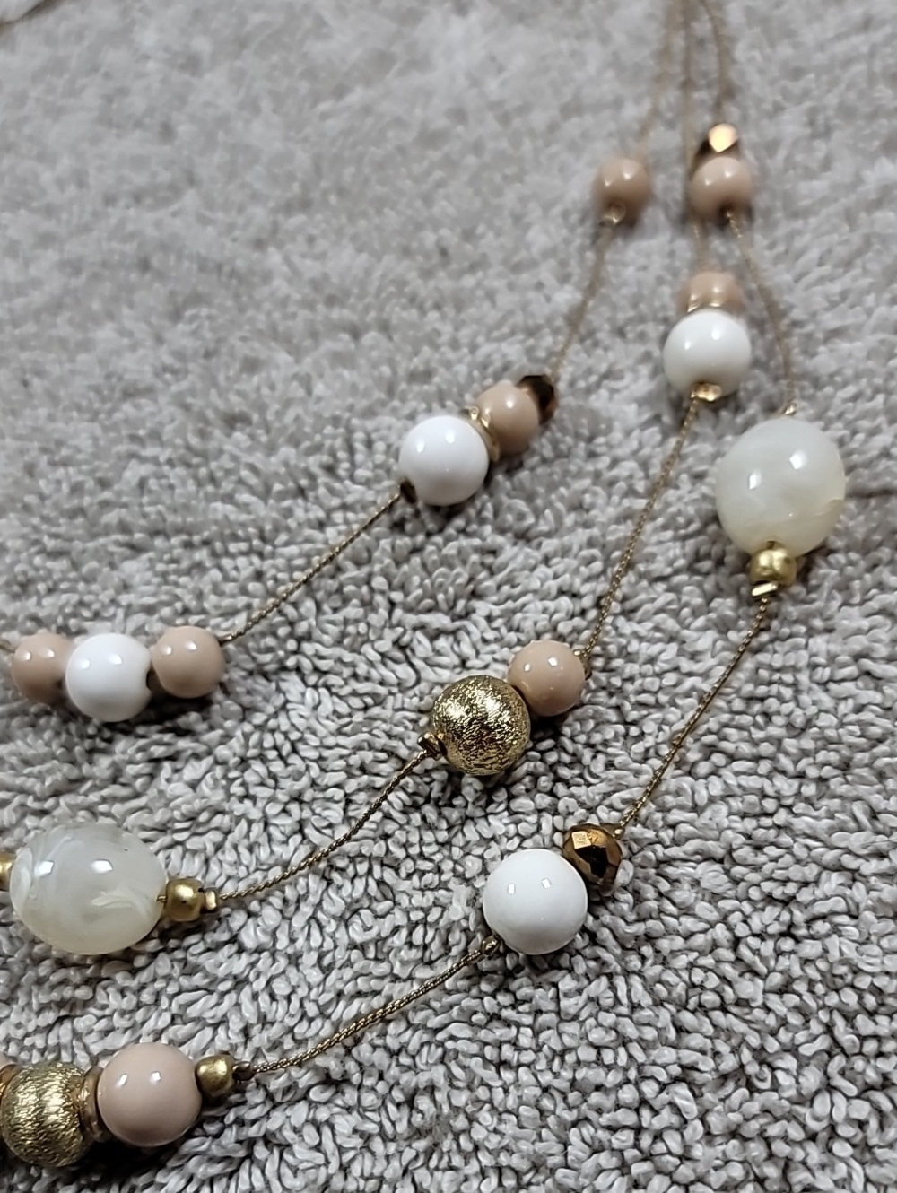 New York & Company Beige and White Beaded Long Necklace